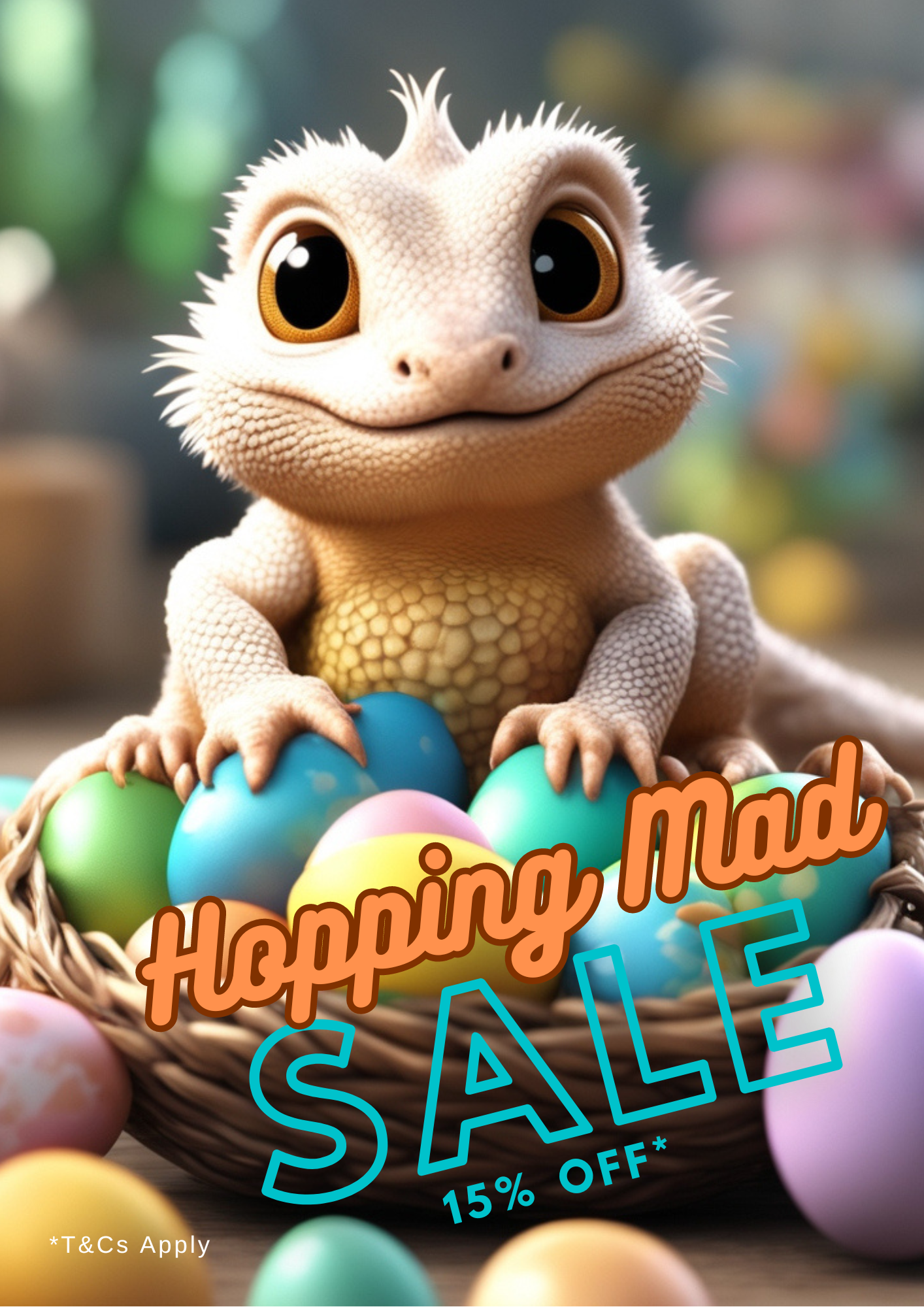 Sydney Reptiles 15% Off Easter sale. Bearded Dragon sitting in a basket of Easter eggs. Australian Reptiles and lizards.