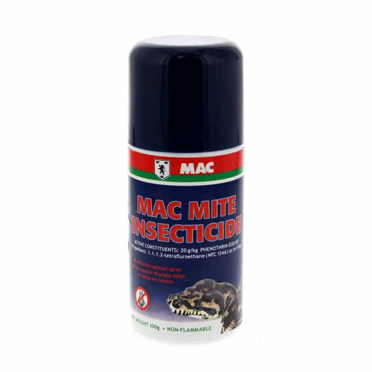 The Mac Mite Spray 100g effectively controls snake mites in reptile enclosures and is safe to use with most Australian reptiles. The easy to use Mac Mite Spray 100g is an aerosol spray that works fast, simply take the reptile and its food and water out of their enclosure and spray around for 5 seconds. You are able to return your pet to their enclosure immediately after spraying.